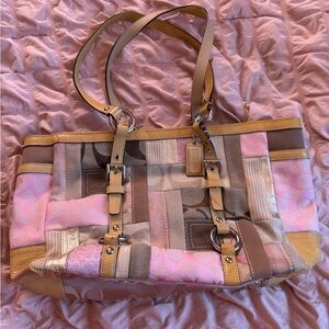 Coach Pink and Brown Patchwork Shoulder Bag